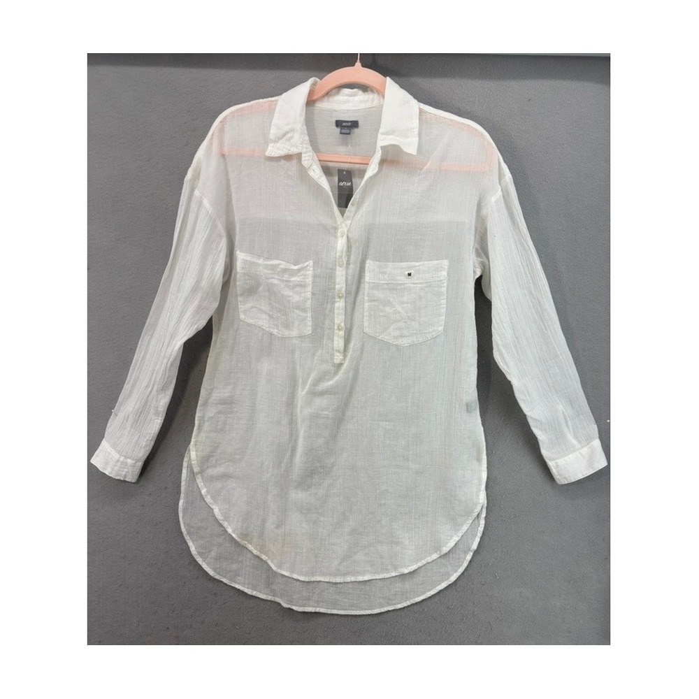 NWT Aerie Shirt Womens Sz M White Cotton Gauze Long Sleeve High Low Hem